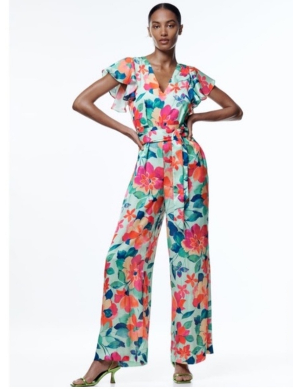 Zara Silky Floral V-Neck Wide-Leg Short Flutter Sleeve Jumpsuit Size L